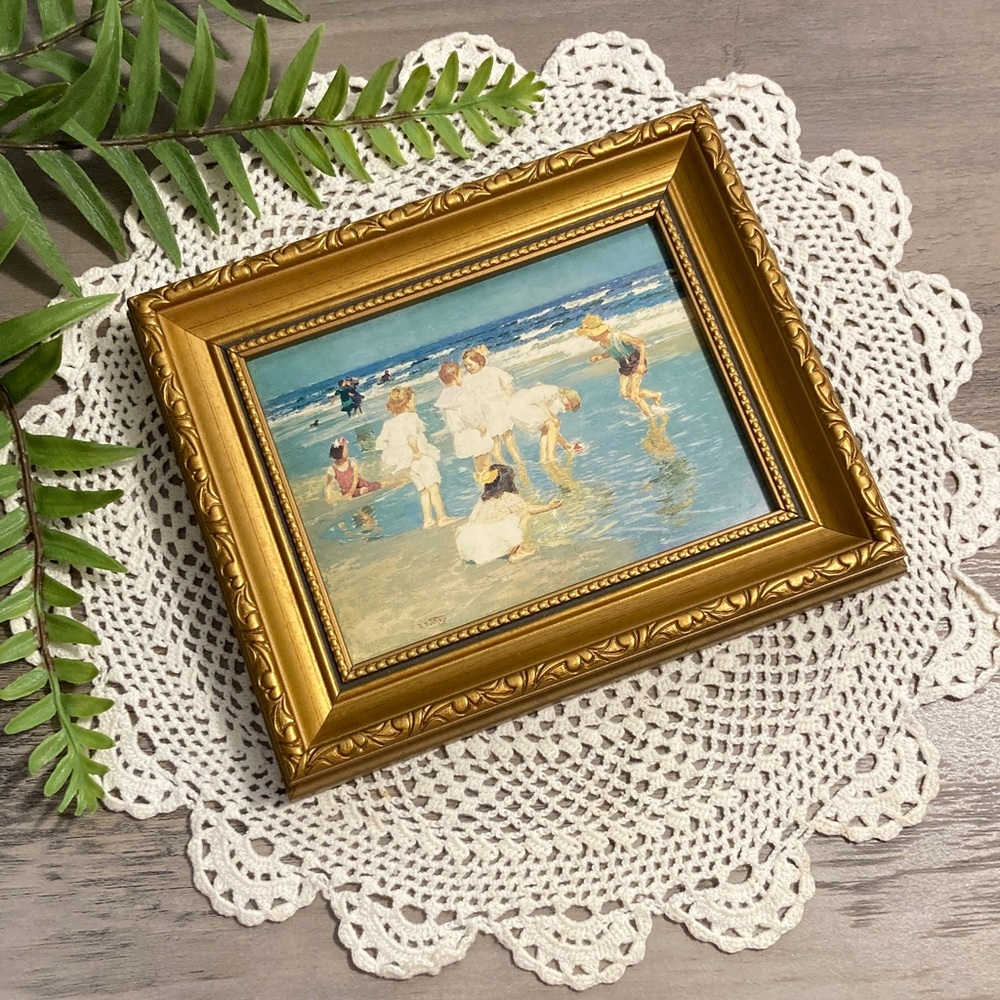 Vintage Gold Framed Beach Scene Print A Holiday By Edward Potthast